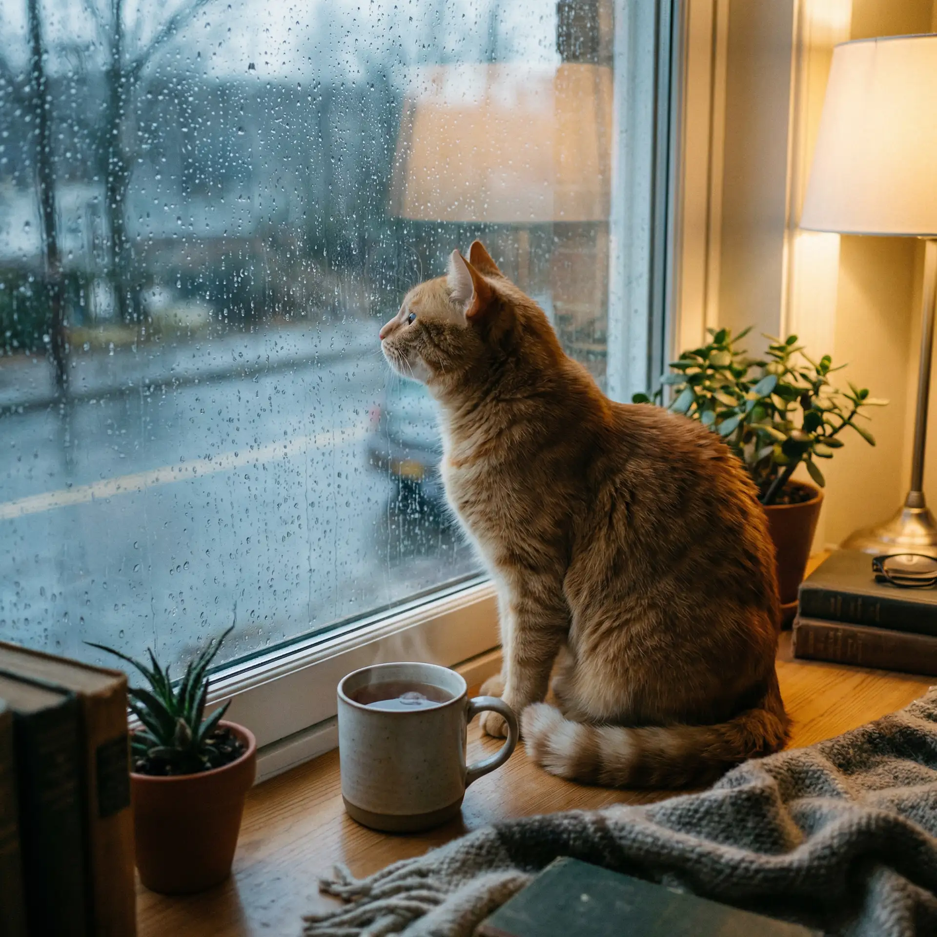 猫咪望着窗外的雨 - 菊内留香TXl金银花